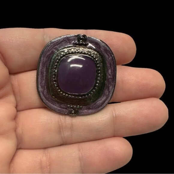 Vintage-Style Purple Enamel & Silver-Tone Clip-On Earrings With Textured Detaili - Picture 4 of 4